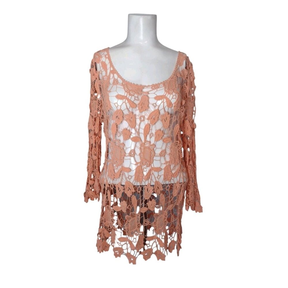 Ruby Brand Open Crotchet Lace Floral Tunic Top Size S Festival Boho Cover Up